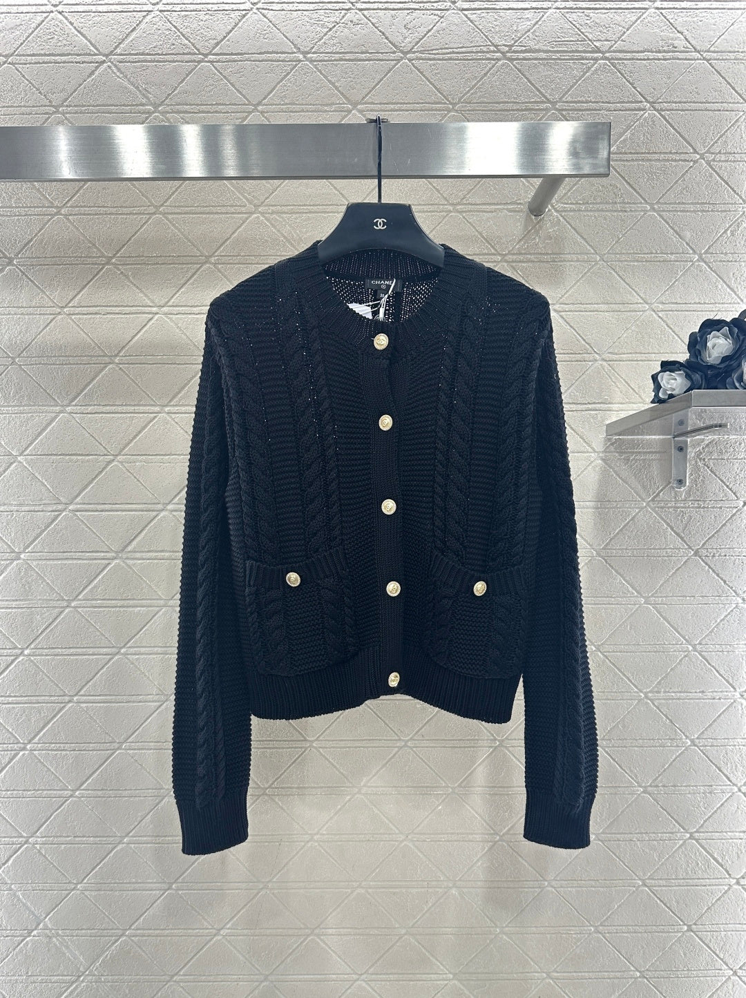 Round-neck cable knit cardigan