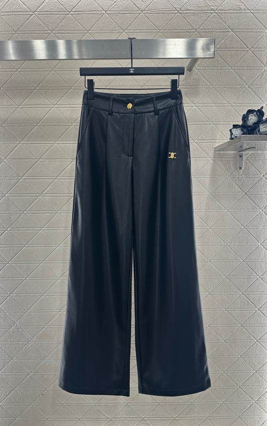 Logo-embossed wide-leg straight leather pants