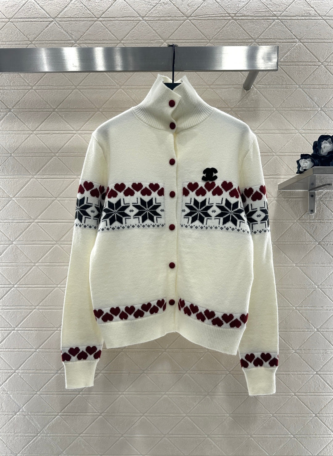 High-neck Fair Isle cardigan sweater