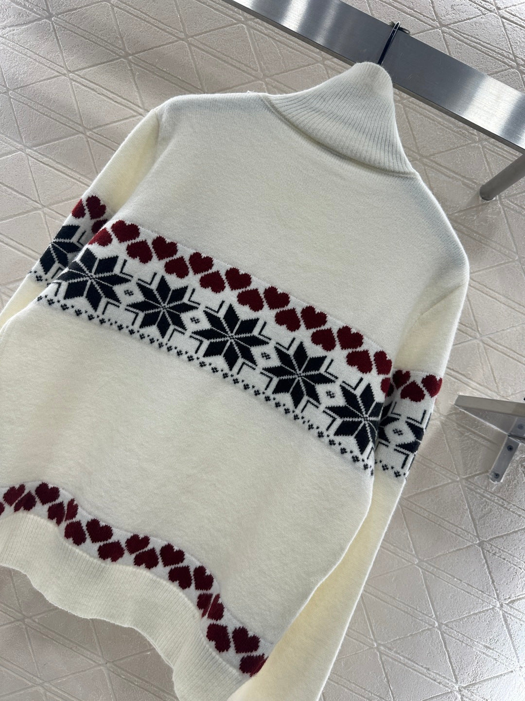 High-neck Fair Isle cardigan sweater