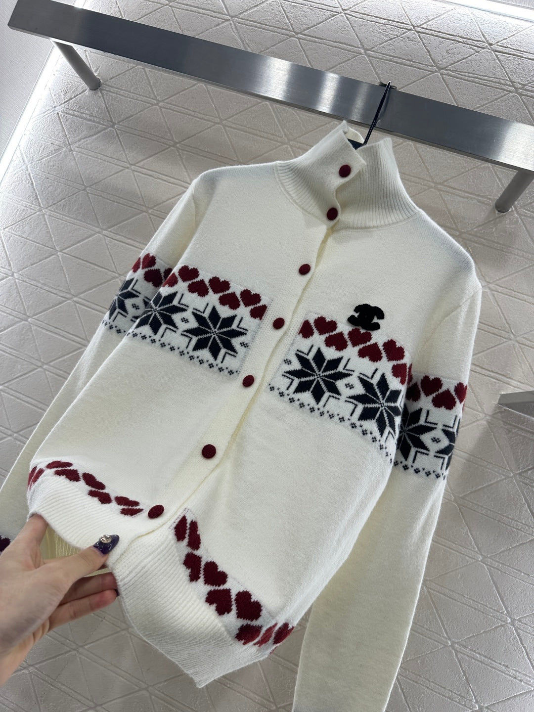 High-neck Fair Isle cardigan sweater