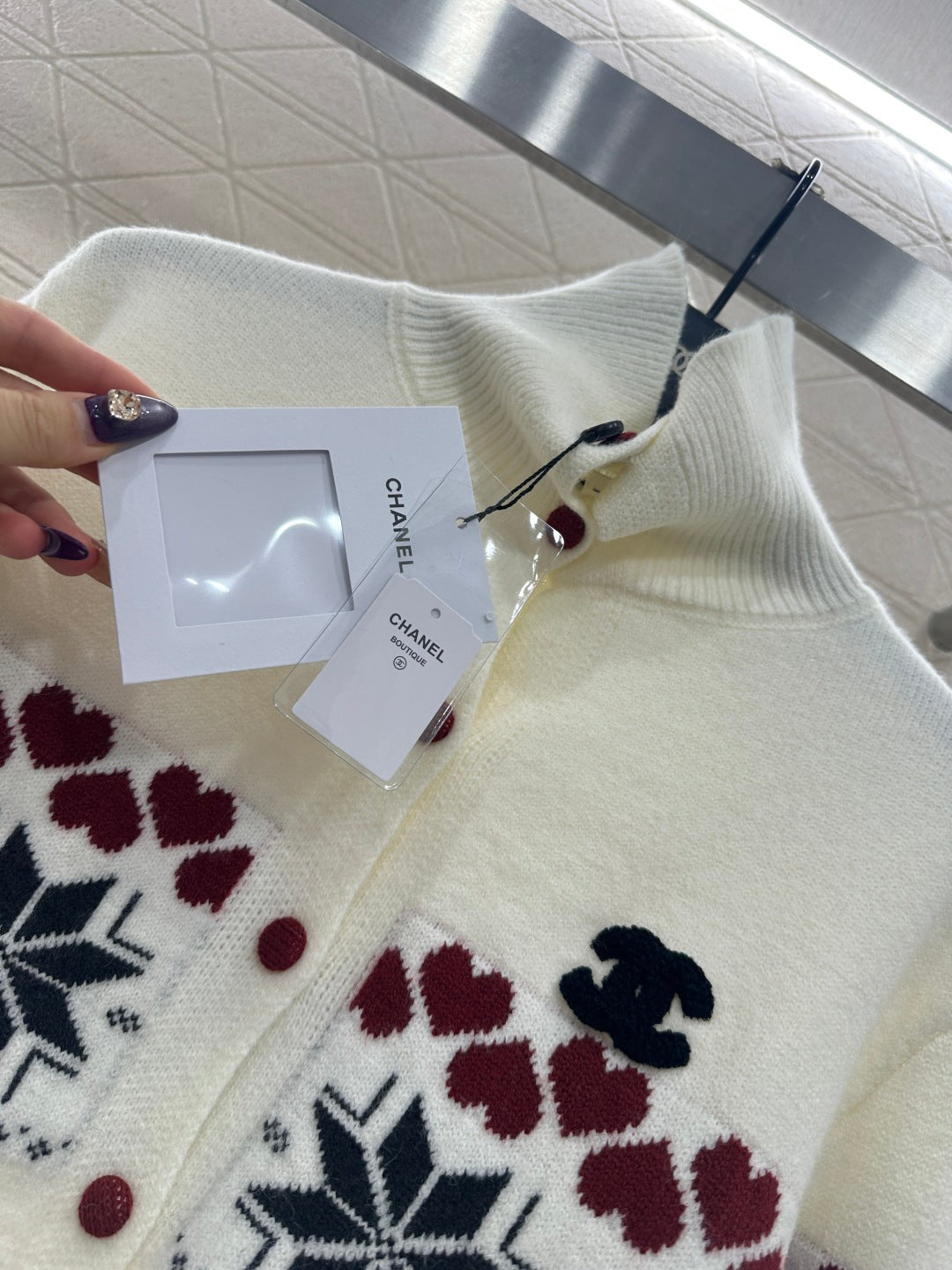 High-neck Fair Isle cardigan sweater