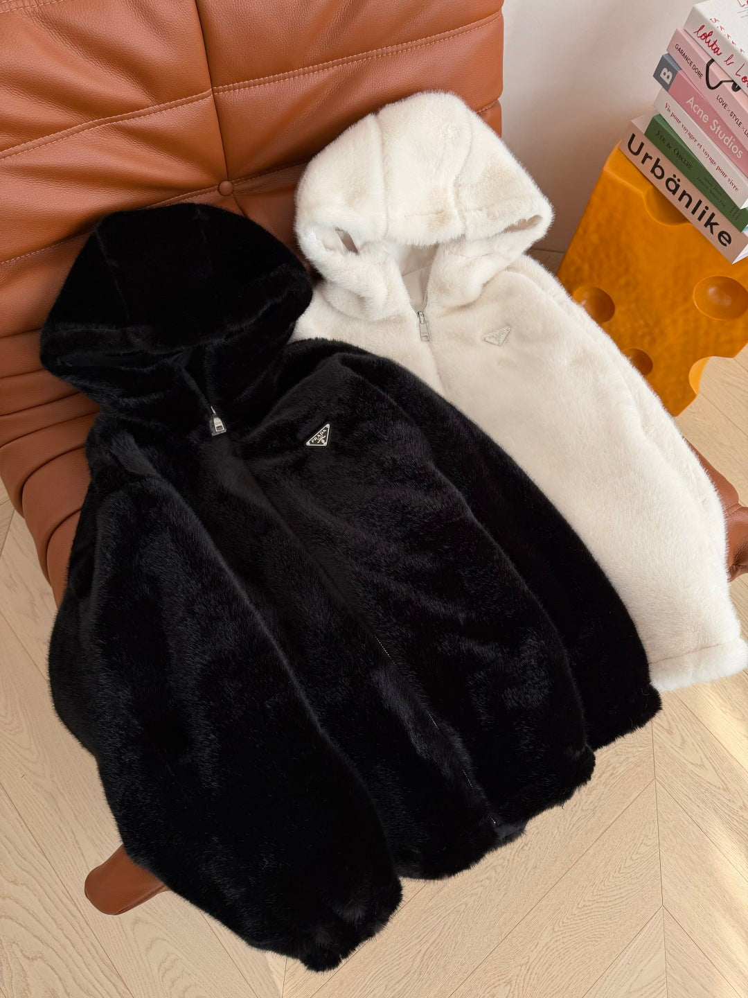Hooded eco-friendly faux fur coat