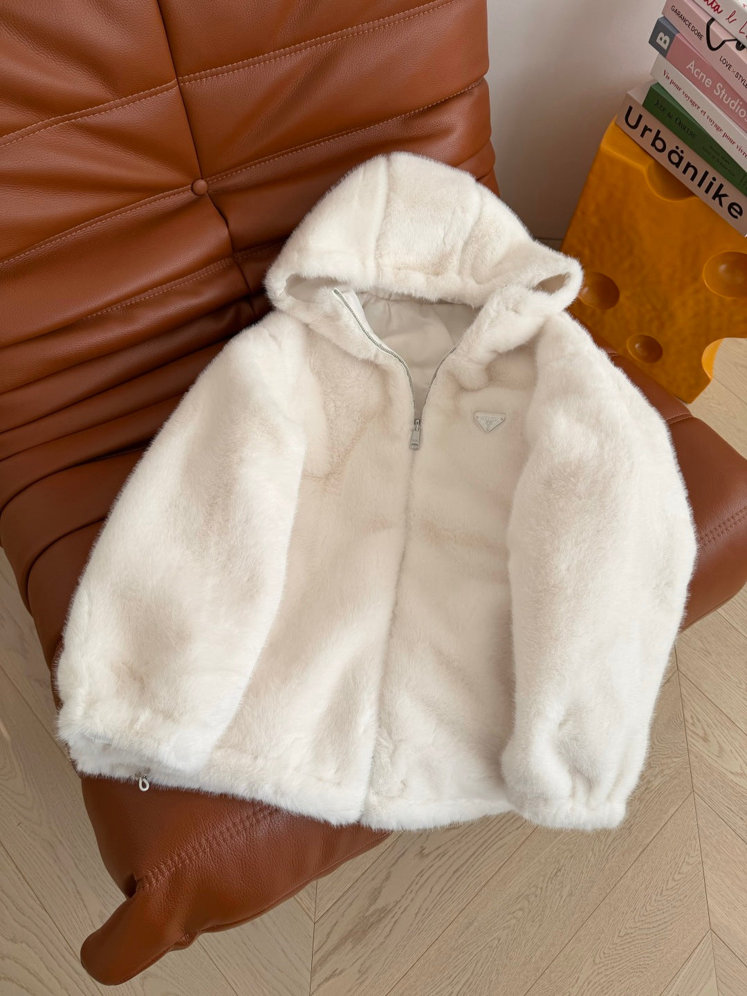 Hooded eco-friendly faux fur coat
