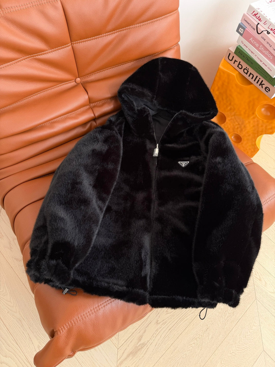 Hooded eco-friendly faux fur coat