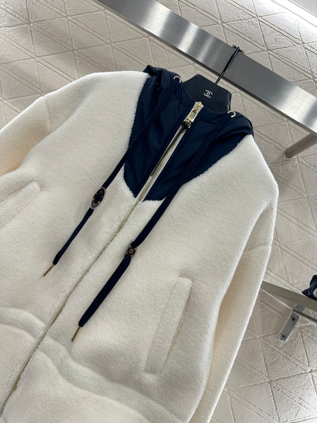 Hooded color-block teddy coat