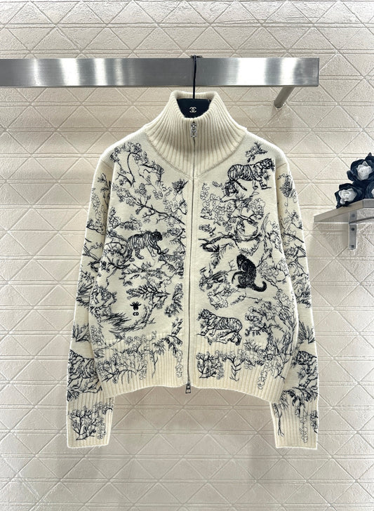 Embroidered jacquard knit zip-up jacket