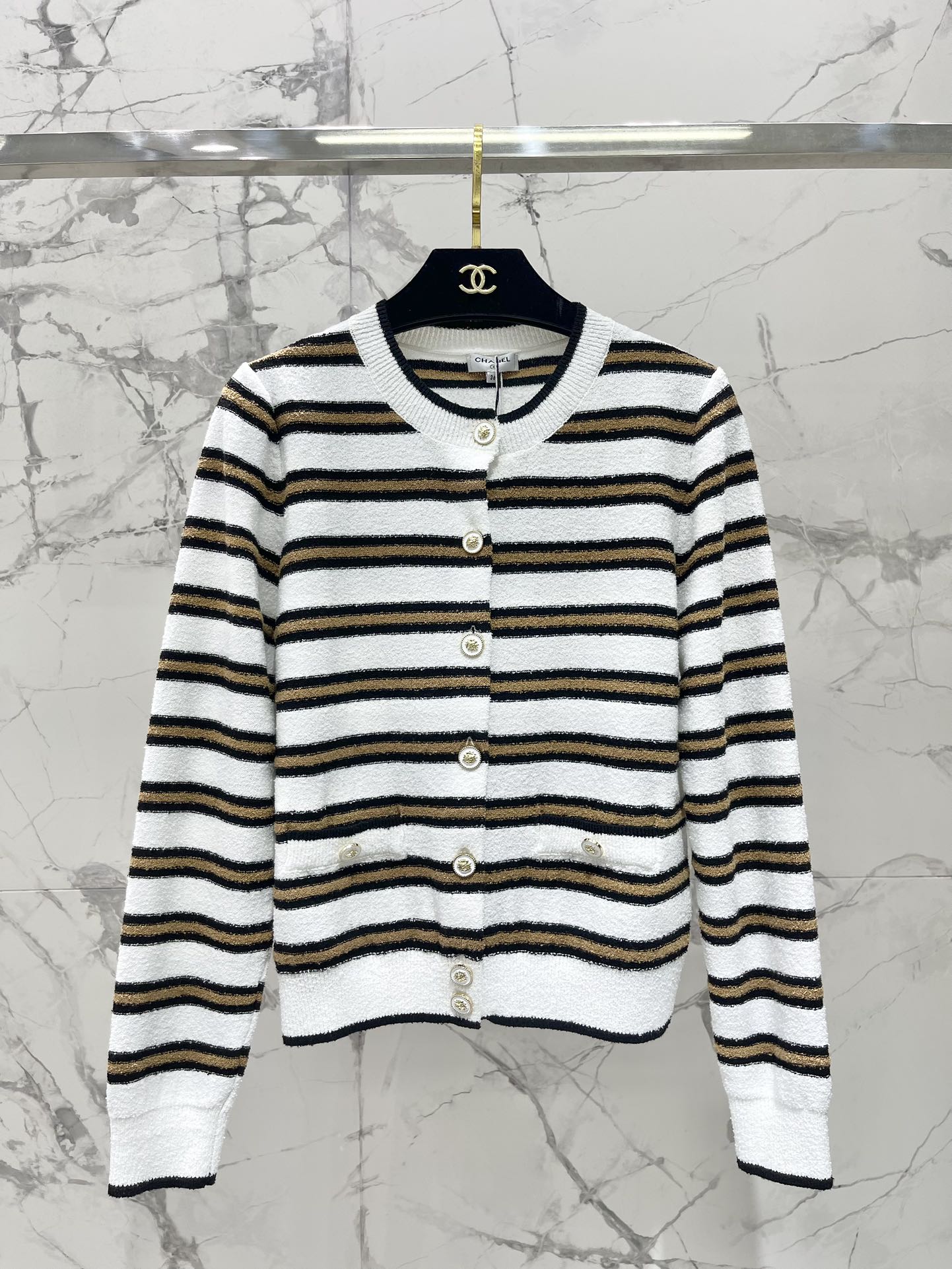 Striped color-block knit cardigan
