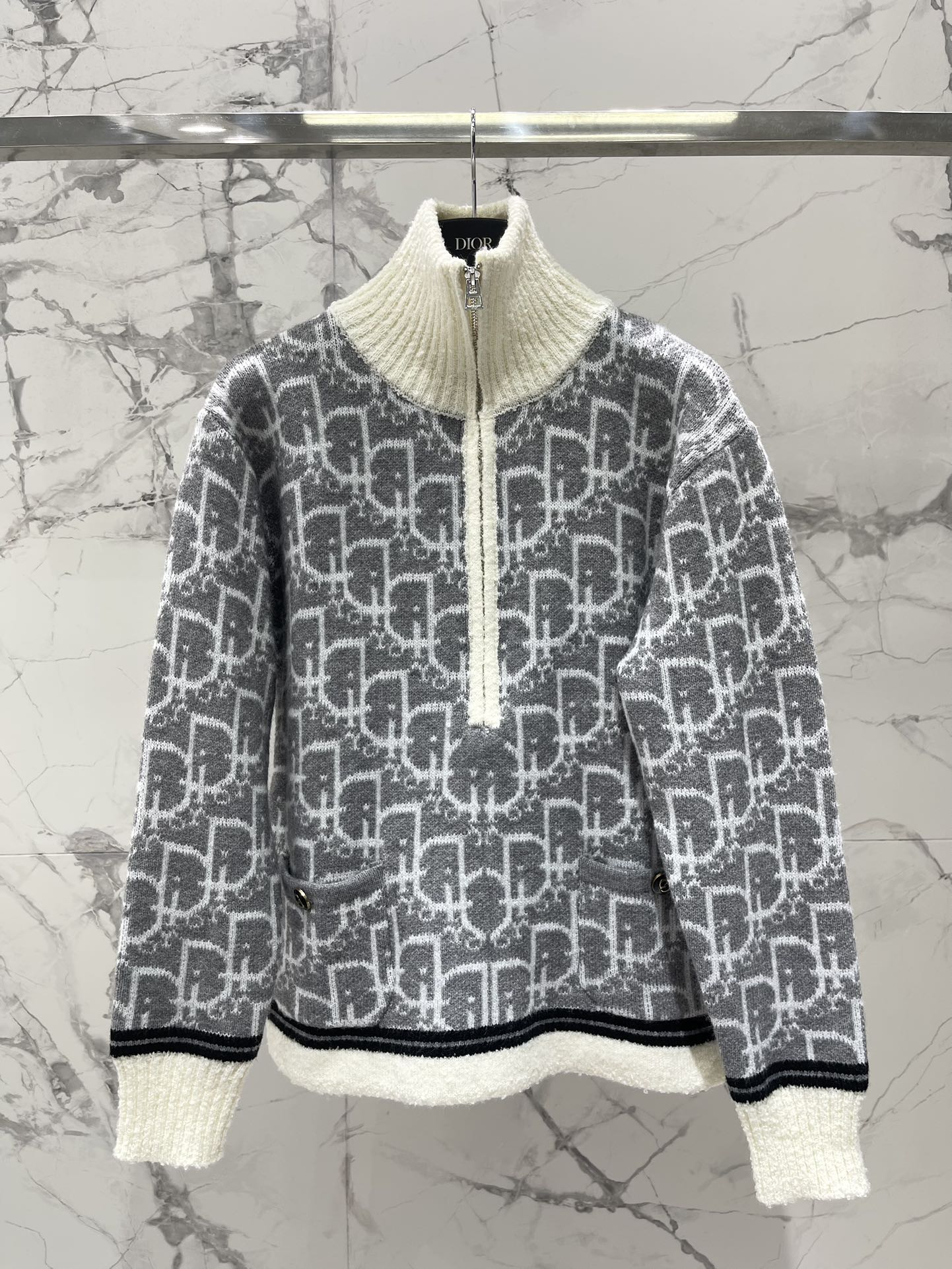 High-neck printed wool knit cardigan