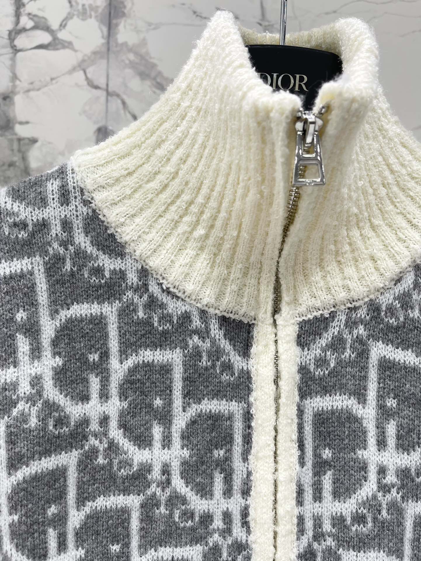 High-neck printed wool knit cardigan