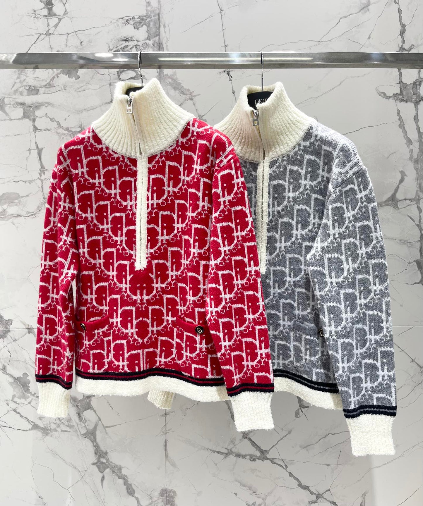High-neck printed wool knit cardigan