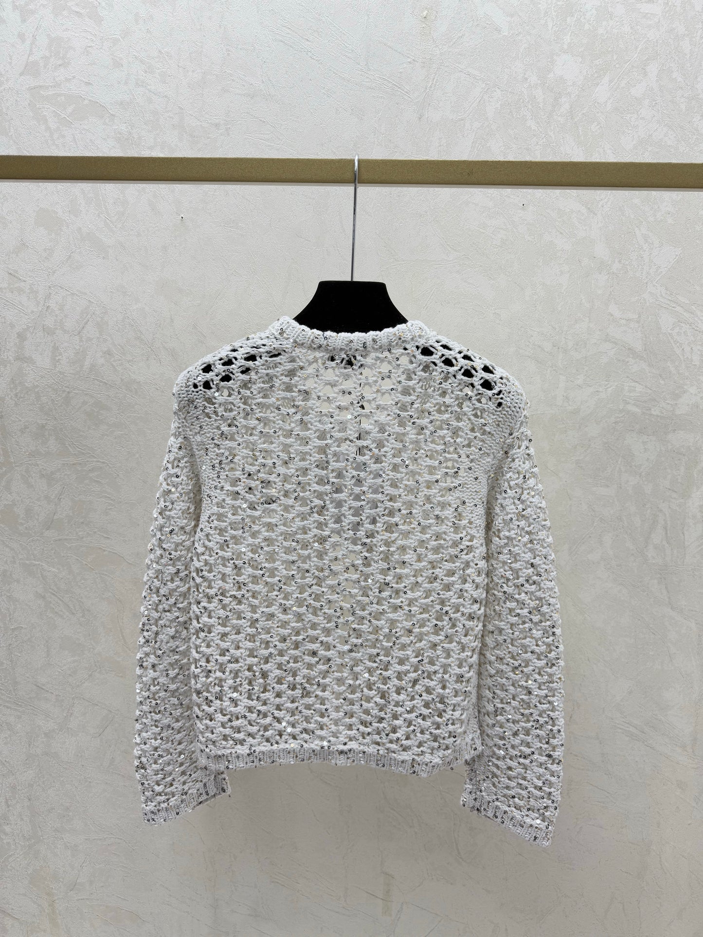 Openwork beaded round-neck knitted cardigan