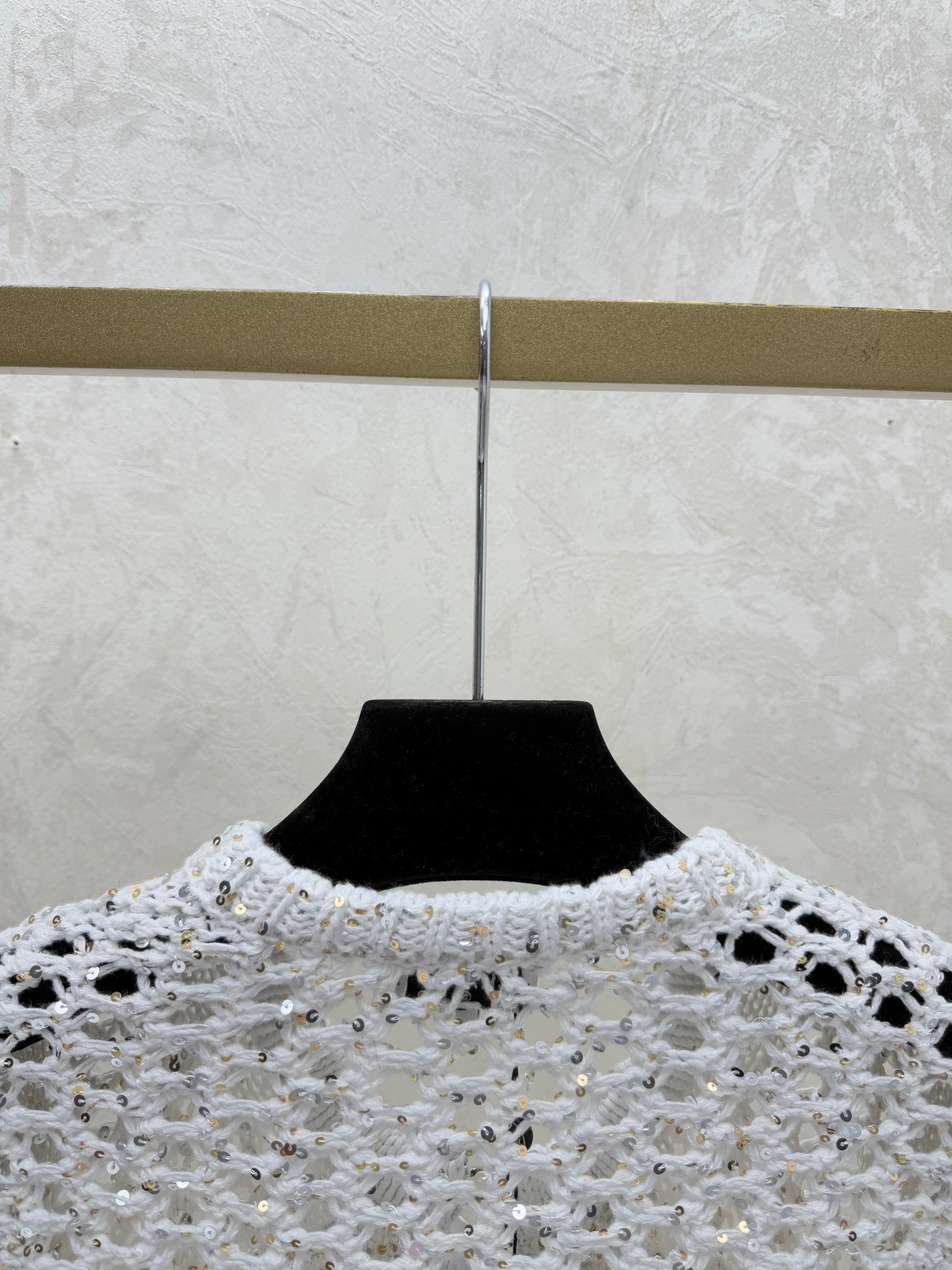 Openwork beaded round-neck knitted cardigan