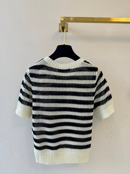 26 New Color Block Striped Hollow-Out Knit T-Shirt