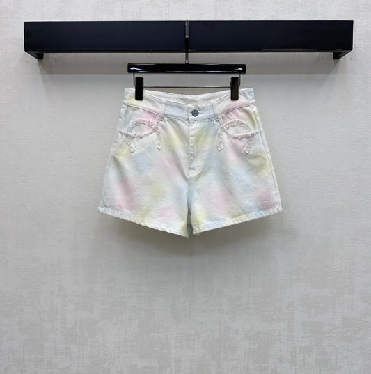 26ss tie-dye beaded denim shorts